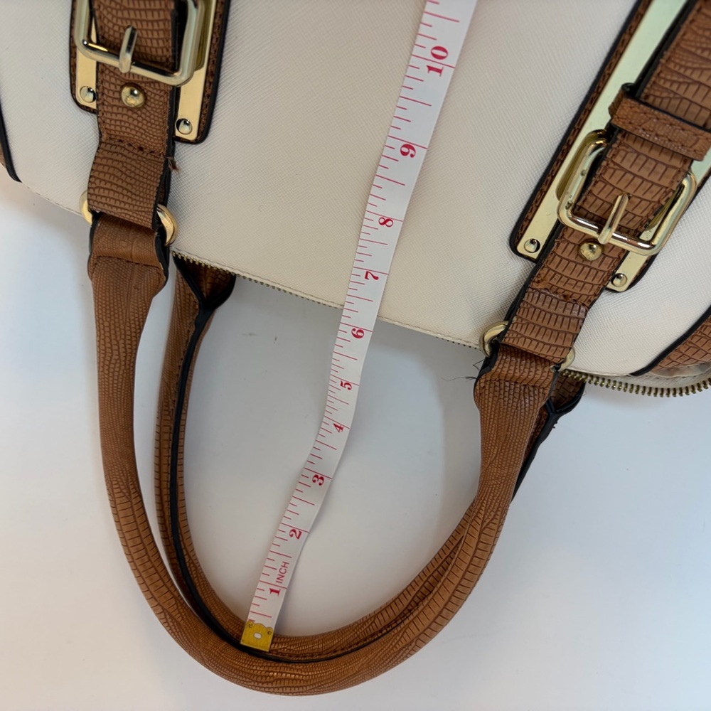 ALDO Cream & Tan Structured Satchel Handbag Faux Leather Work Purse - Picture 7 of 9